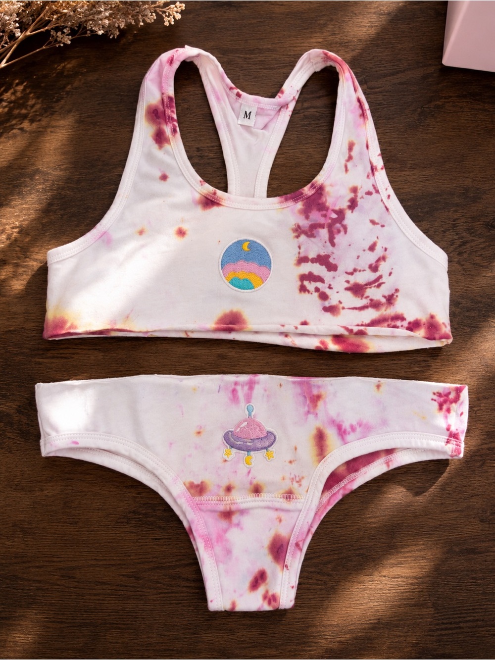 Tie-Dye Pink & White Racerback Bralette Set